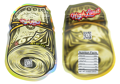 Mylar bag 3.5g, herb Mylar Bags, Where to buy mylar bags, Custom mylar bags near me, Mylar Bags Wholesale. Two packages of 'High Limit' product with visible branding and nutritional information.