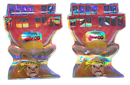 Mylar bag 3.5g, herb Mylar Bags, Where to buy mylar bags, Custom mylar bags near me, Mylar Bags Wholesale. Two Trippy Doo OG packages with a bear graphic on a white background