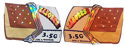 Mylar bag 3.5g, herb Mylar Bags, Where to buy mylar bags, Custom mylar bags near me, Mylar Bags Wholesale. Two Zabors candy packages with colorful labels on a white background