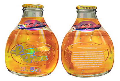 Mylar bag 3.5g, herb Mylar Bags, Where to buy mylar bags, Custom mylar bags near me, Mylar Bags Wholesale. Two bottles of Lemon Fizz with colorful labels on a white background