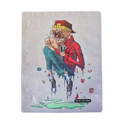 Mylar bag 1LB, herb Mylar Bags, Where to buy mylar bags, Custom mylar bags near me, Mylar Bags Wholesale. Artistic depiction of a person with a colorful, abstract design on a white background