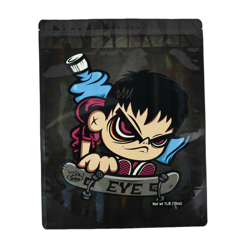 Mylar bag 1LB, herb Mylar Bags, Where to buy mylar bags, Custom mylar bags near me, Mylar Bags Wholesale. Black packaging with a cartoon character and 'EYE' branding on a white background