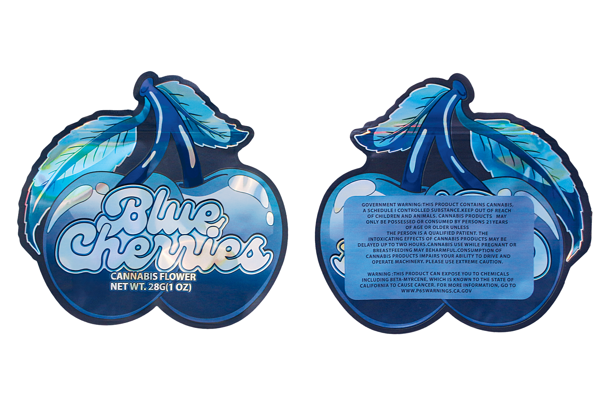 Mylar Bag Blue Cherries cannabis flower packaging on a white background