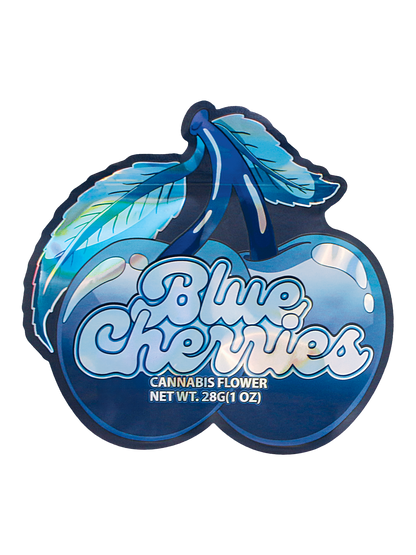 Mylar Bag Blue Cherries cannabis flower packaging on a white background