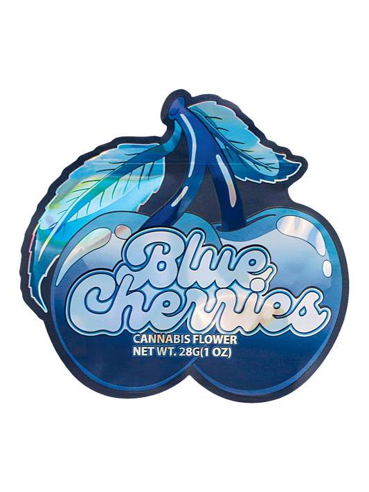 Mylar Bag Blue Cherries cannabis flower packaging on a white background