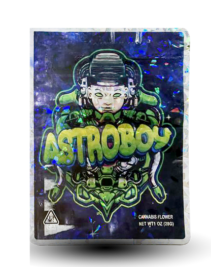 Mylar Bag herb packaging with Astroboy design on a white background