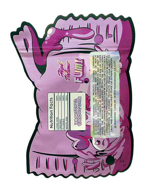 Mylar Bag Pink flamingo-shaped packaging with a label on a white background