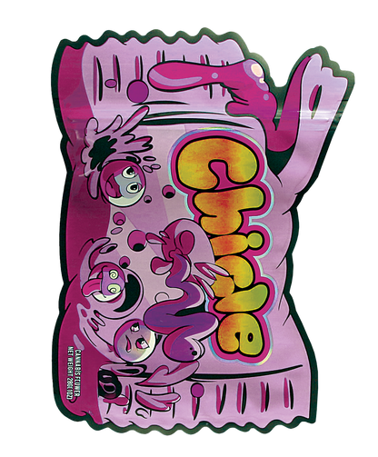 Mylar Bag Colorful packaging of a candy product with cartoon characters on a white background