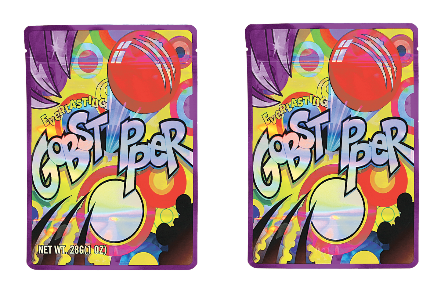 Mylar Bag Two colorful packages of Ewies' Big Goost Poper candy on a white background.