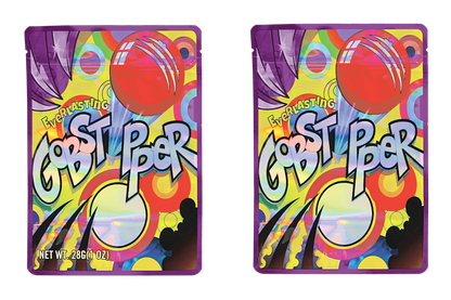 Mylar Bag Two colorful packages of Ewies' Big Goost Poper candy on a white background.