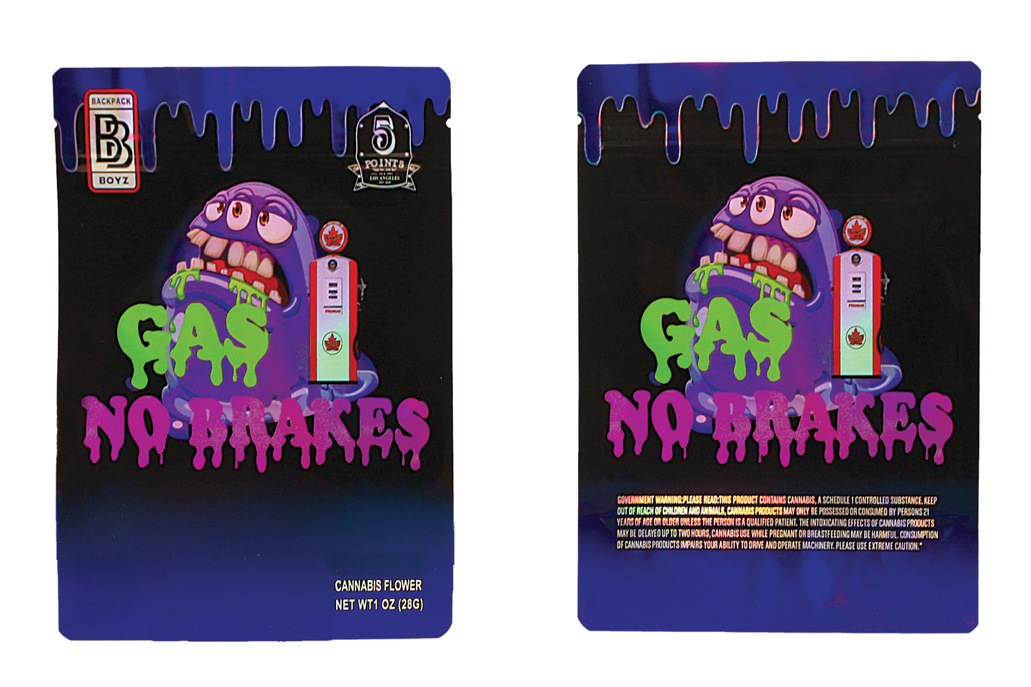 Mylar Bag Two packages of 'Gas No Bakes' cannabis flower with colorful graphics on a white background.
