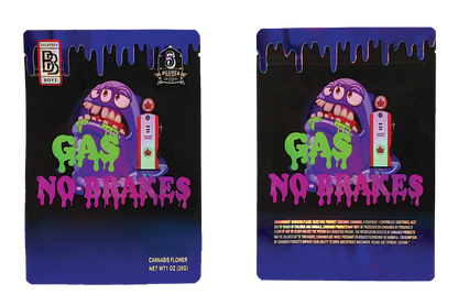 Mylar Bag Two packages of 'Gas No Bakes' cannabis flower with colorful graphics on a white background.