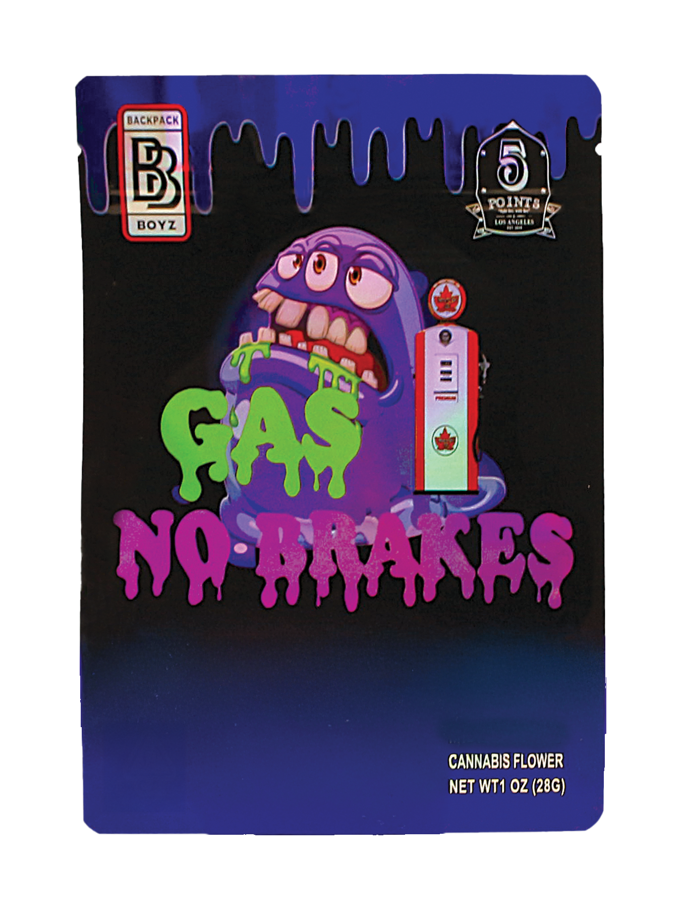 Mylar Bag Cannabis packaging with a cartoon character and 'Gas No Brakes' text on a black background