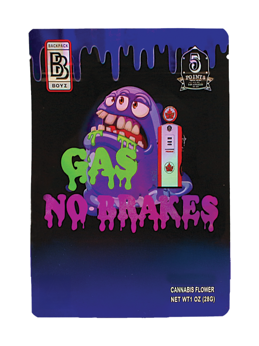 Mylar Bag Cannabis packaging with a cartoon character and 'Gas No Brakes' text on a black background