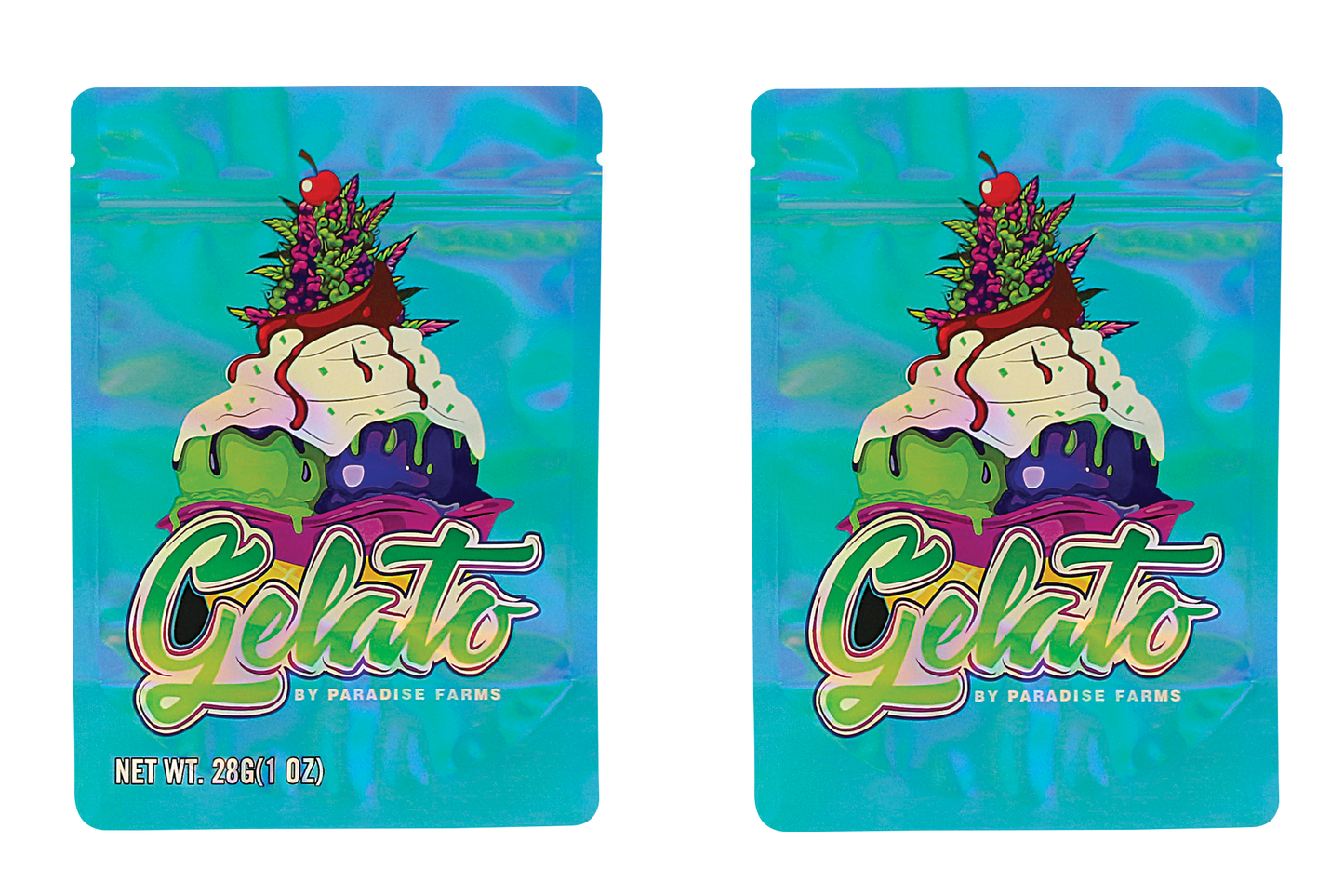 Large mylar bags, Cannabis Mylar Bags, Mylar Bags 28 grams, Where to buy mylar bags, Custom mylar bags near me.  Two packages of 'Gelato' by Paradise Farms with colorful design on a white background.