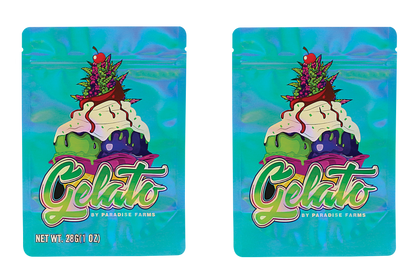 Large mylar bags, Cannabis Mylar Bags, Mylar Bags 28 grams, Where to buy mylar bags, Custom mylar bags near me.  Two packages of 'Gelato' by Paradise Farms with colorful design on a white background.