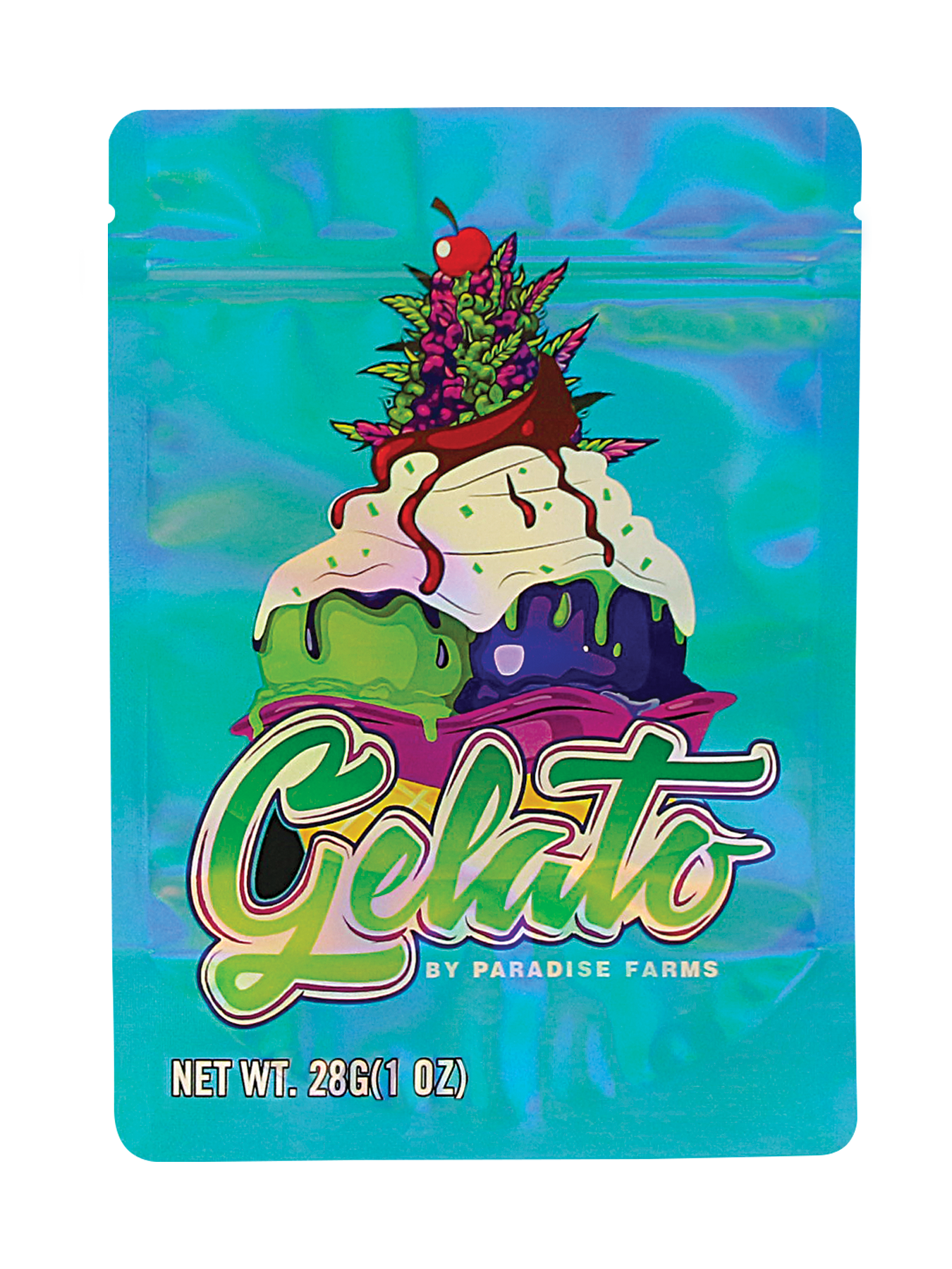 Large mylar bags, Cannabis Mylar Bags, Mylar Bags 28 grams, Where to buy mylar bags, Custom mylar bags near me.  Gelato packaging with colorful design and 'Paradise Farms' branding on a blue background