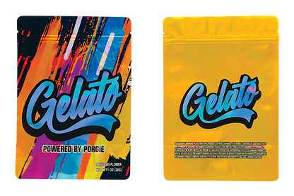 Mylar Bag Two colorful packages of 'Gelato' by Porgie on a white background