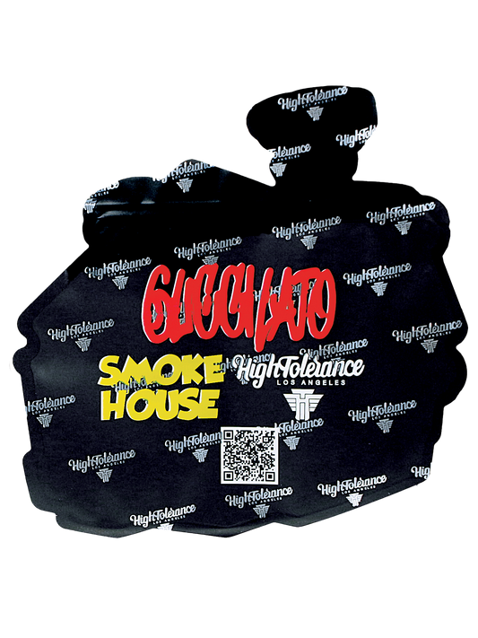 Mylar Bag Black hoodie with 'Guchacho Smoke House' and 'High Tolerance' branding on a white background