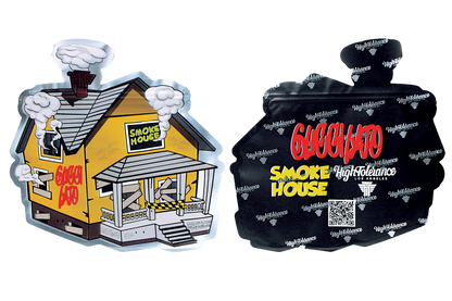 Two Mylar Bag product items: a cartoon-style 'Smoke House' sign and a black bag with branding.