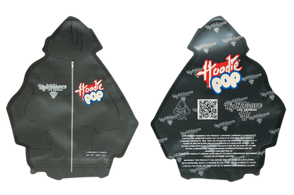 Mylar Bag Black hoodie with 'Hoochie Poo' branding on a white background