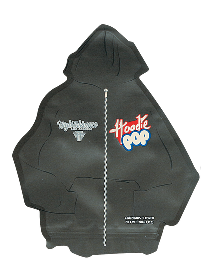 Mylar Bag Black hoodie with text and logos on a white background