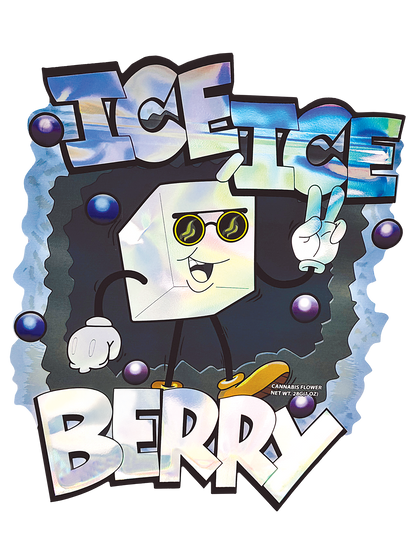 Mylar Bag Cartoon character with sunglasses and peace sign, surrounded by colorful text and shapes on a white background