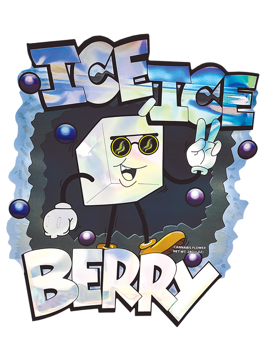 Mylar Bag Cartoon character with sunglasses and peace sign, surrounded by colorful text and shapes on a white background
