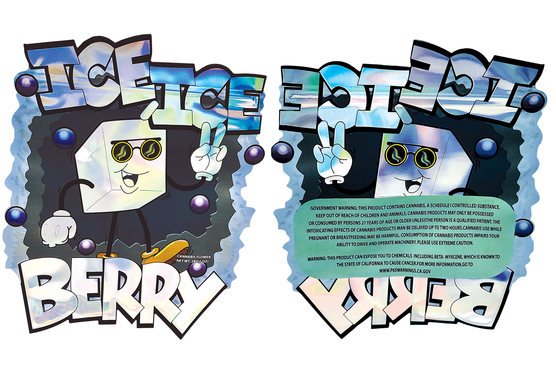 Two Mylar Bag cartoon character packages with 'ICE' and 'BERRY' text on a white background
