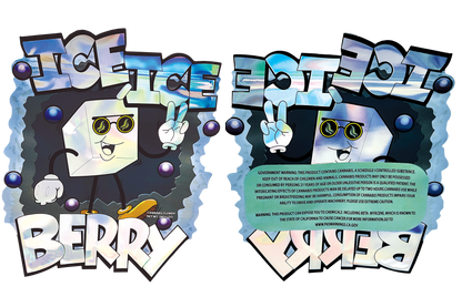 Two Mylar Bag cartoon character packages with 'ICE' and 'BERRY' text on a white background