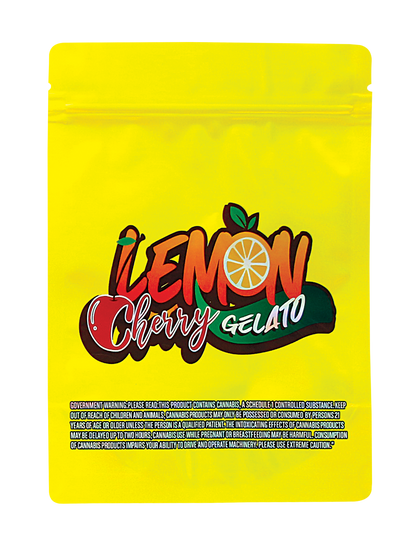 Mylar Bag Yellow packaging of Lemon Cherry Gelato with colorful text and graphics on a white background
