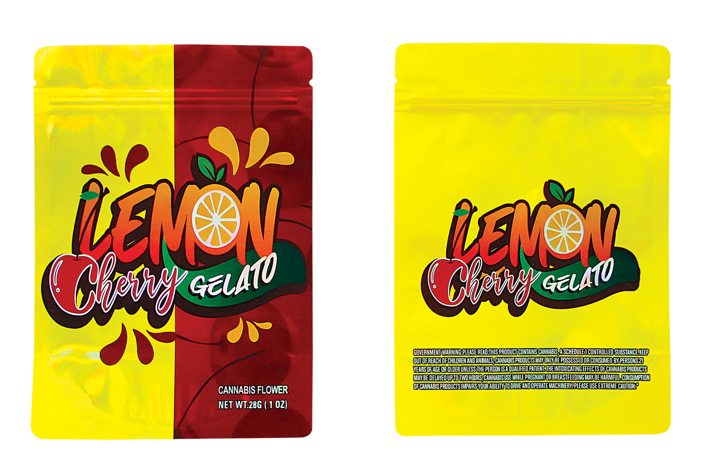 Two Mylar Bag packages of Lemon Cherry Gelato cannabis flower with colorful designs on a white background.