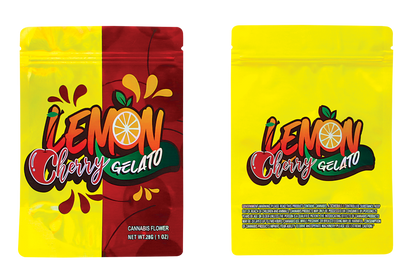 Two Mylar Bag packages of Lemon Cherry Gelato cannabis flower with colorful designs on a white background.