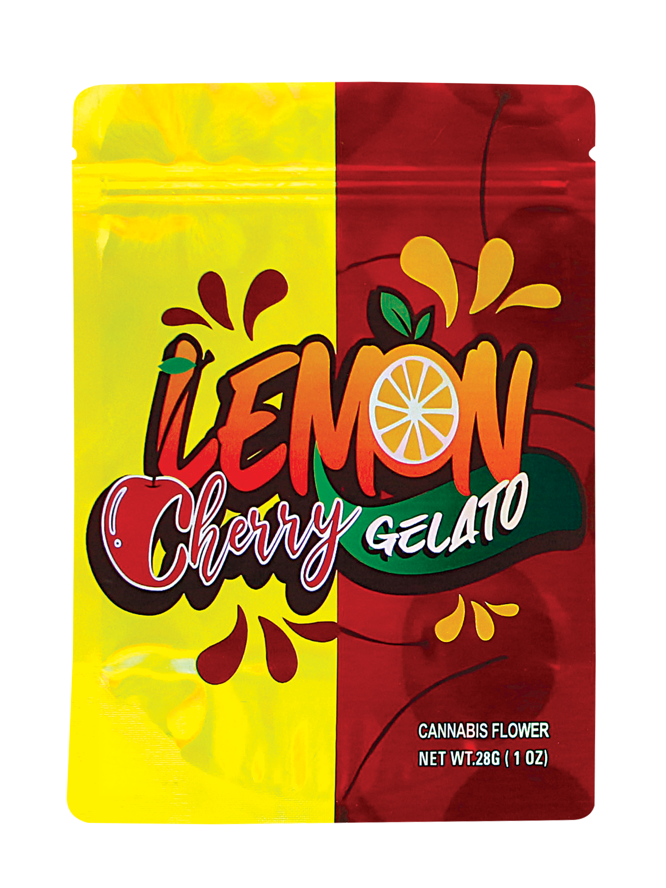 Mylar Bag Colorful packaging of Lemon Cherry Gelato cannabis flower with a yellow and red design.