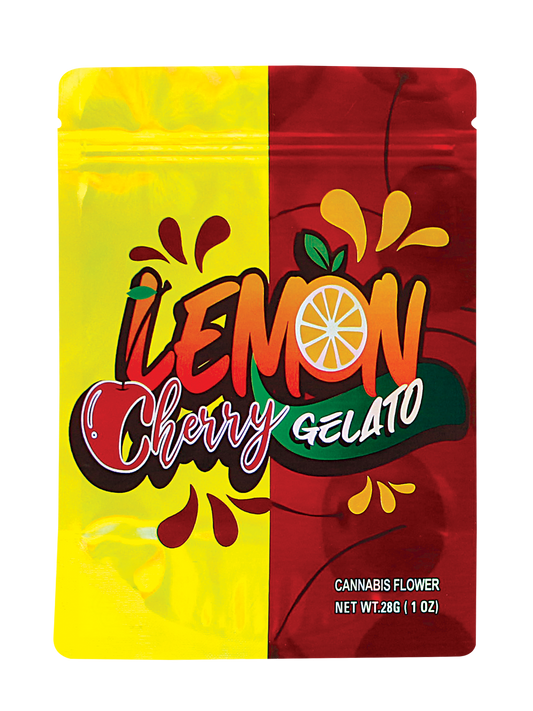 Mylar Bag Colorful packaging of Lemon Cherry Gelato cannabis flower with a yellow and red design.