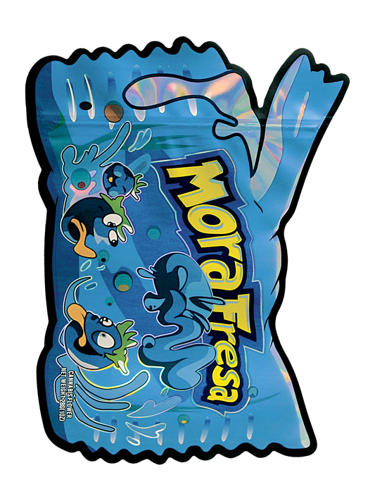 Mylar Bag Blue snack package with a spoon and nutritional information on a white background