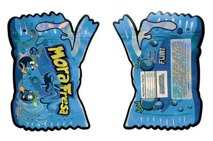 Mylar Bag Blue snack package with a spoon and nutritional information on a white background
