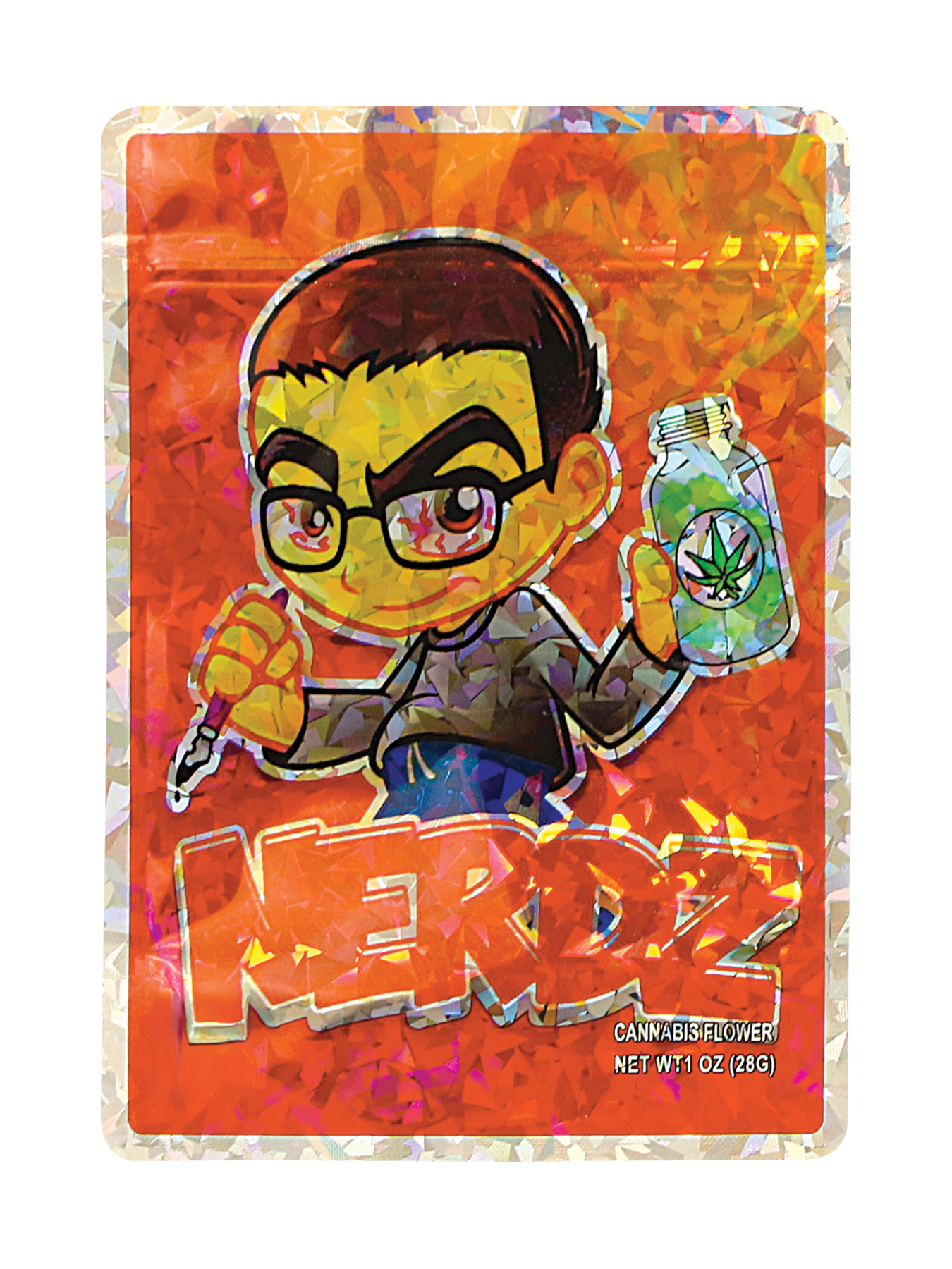 Mylar Bag Colorful packaging of a cannabis product with a cartoon character holding a bottle labeled 'HERDZ'.