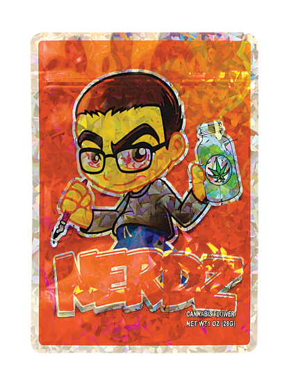 Mylar Bag Colorful packaging of a cannabis product with a cartoon character holding a bottle labeled 'HERDZ'.