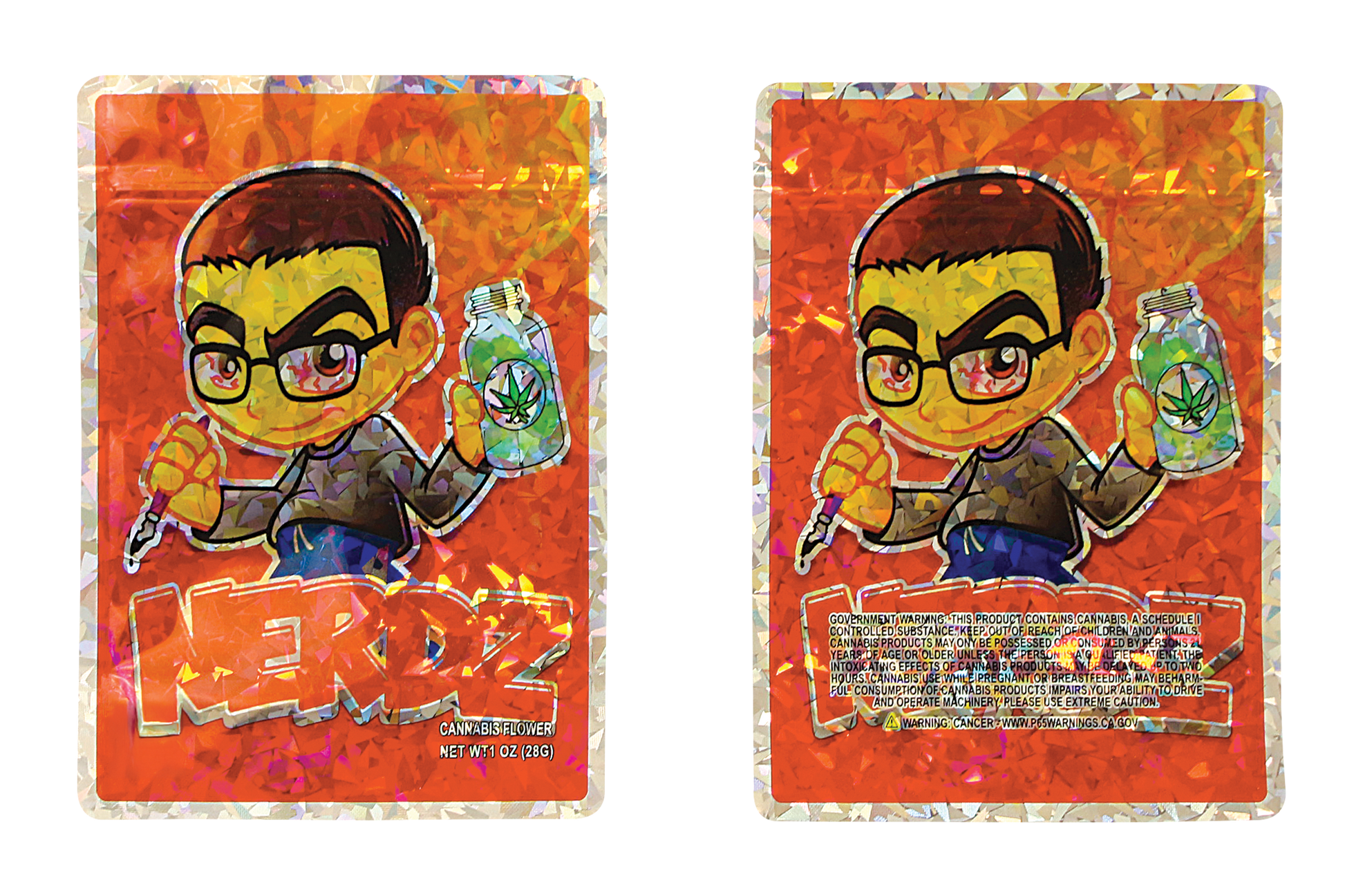 Two Mylar Bag colorful trading card packs featuring a cartoon character with glasses and a bottle on an orange background.