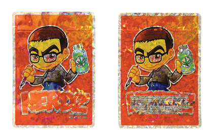 Two Mylar Bag colorful trading card packs featuring a cartoon character with glasses and a bottle on an orange background.