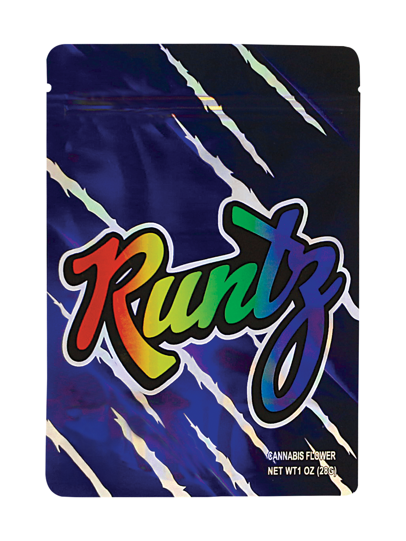 Mylar Bag Runtz cannabis flower packaging with colorful text on a blue and black background