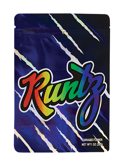 Mylar Bag Runtz cannabis flower packaging with colorful text on a blue and black background
