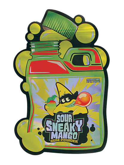 Mylar Bag Colorful packaging of Sour Sneaky Mango gum powder with cartoon character on a white background