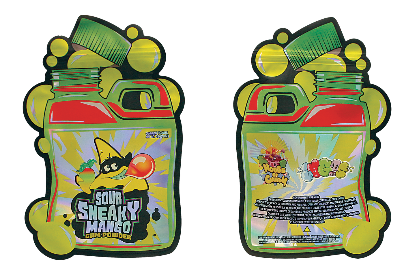 Mylar Bag Two colorful packages of Sour Sneaky Mango with cartoon character design on a white background