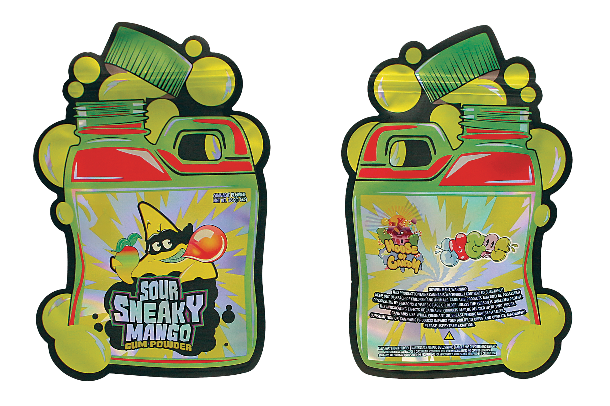 Mylar Bag Two colorful packages of Sour Sneaky Mango with cartoon character design on a white background