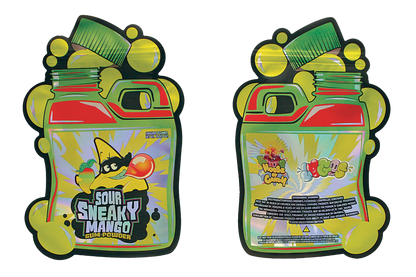 Mylar Bag Two colorful packages of Sour Sneaky Mango with cartoon character design on a white background