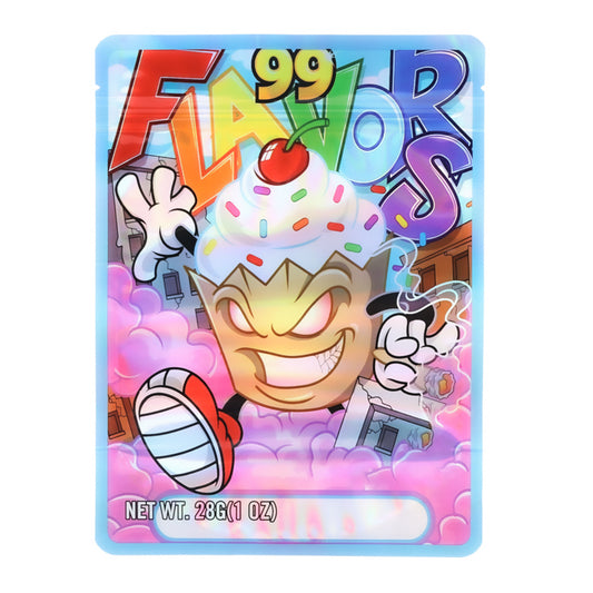 Large mylar bags, Cannabis Mylar Bags, Mylar Bags 28 grams, Where to buy mylar bags, Custom mylar bags near me.  Colorful packaging with cartoon characters and a ice cream cone, labeled '99 Flavors'.