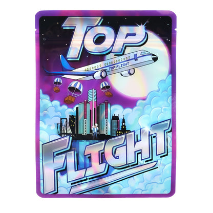Large mylar bags, Cannabis Mylar Bags, Mylar Bags 28 grams, Where to buy mylar bags, Custom mylar bags near me.  Colorful card with airplane and cityscape design, featuring the text 'Top Flight'.