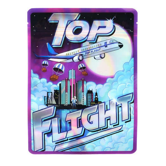Large mylar bags, Cannabis Mylar Bags, Mylar Bags 28 grams, Where to buy mylar bags, Custom mylar bags near me.  Colorful card with airplane and cityscape design, featuring the text 'Top Flight'.